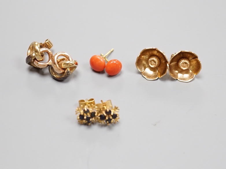 A pair of 750 yellow metal and coral bead ear studs, gross weight 1.8 grams and three pairs of modern 9ct earrings including knot and gem set, gross weight 12.2 grams.